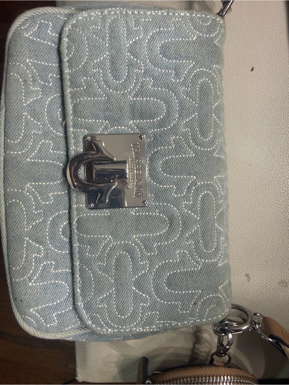 True Religion Light Blue Quilted Denim Mini Crossbody with Silver Plate
